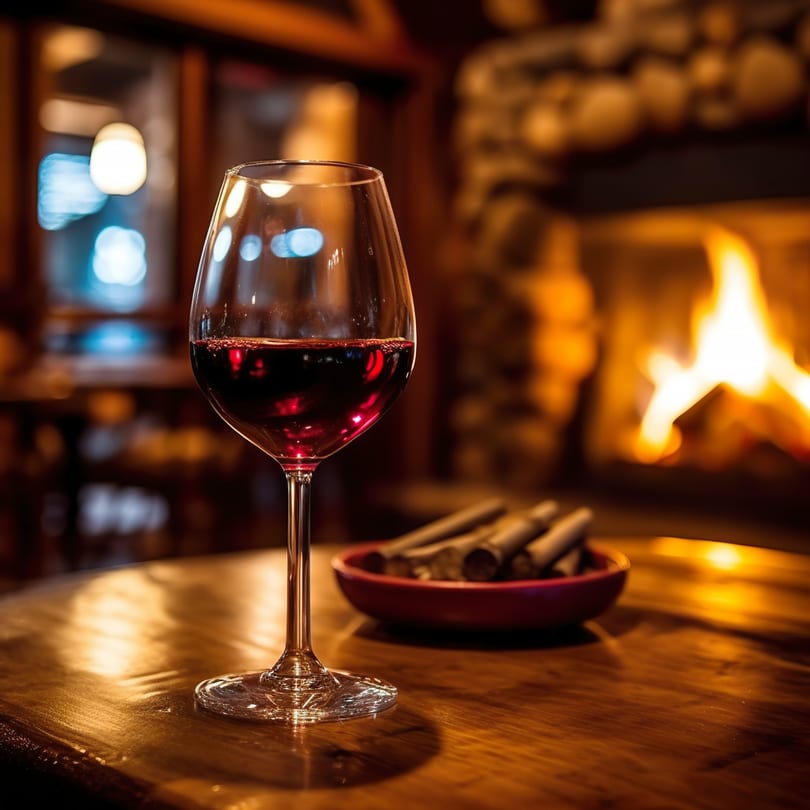 A glass of red wine on a wooden table, with a cozy fireplace and biscotti in the background.